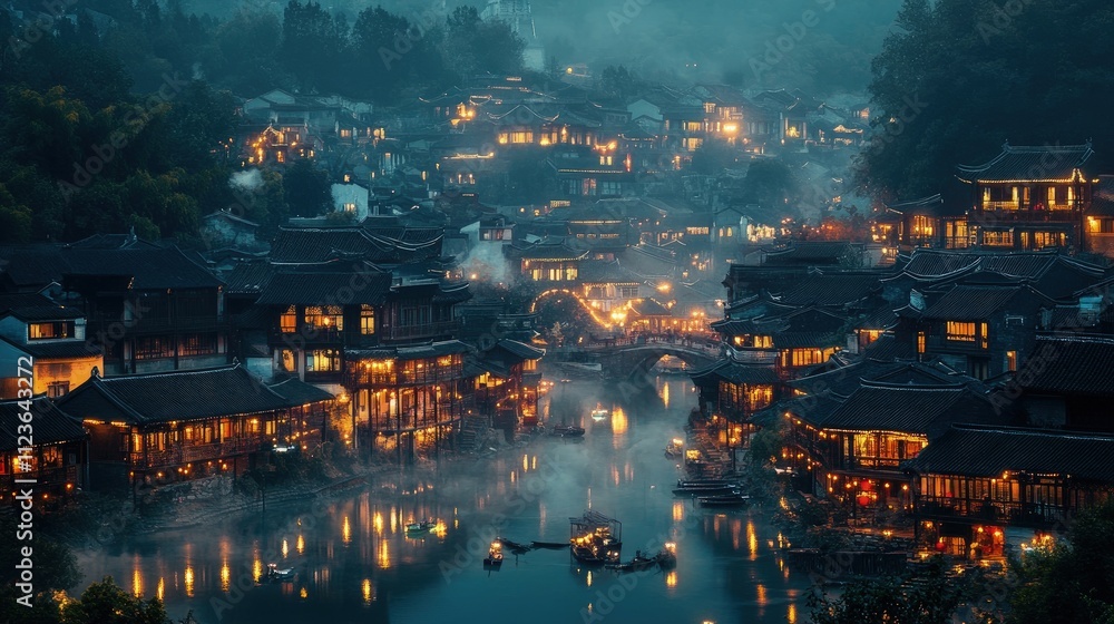 Fototapeta premium Night view of a riverside town with illuminated buildings and boats.