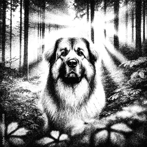 Big dog Caucasian Shepherd in autumn forest. Pencil drawing.