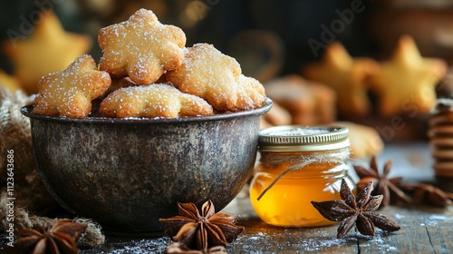 Rustic metal bowl filled with Pfeffernüsse cookies, accompanied by a small jar of honey and dried star anise photo