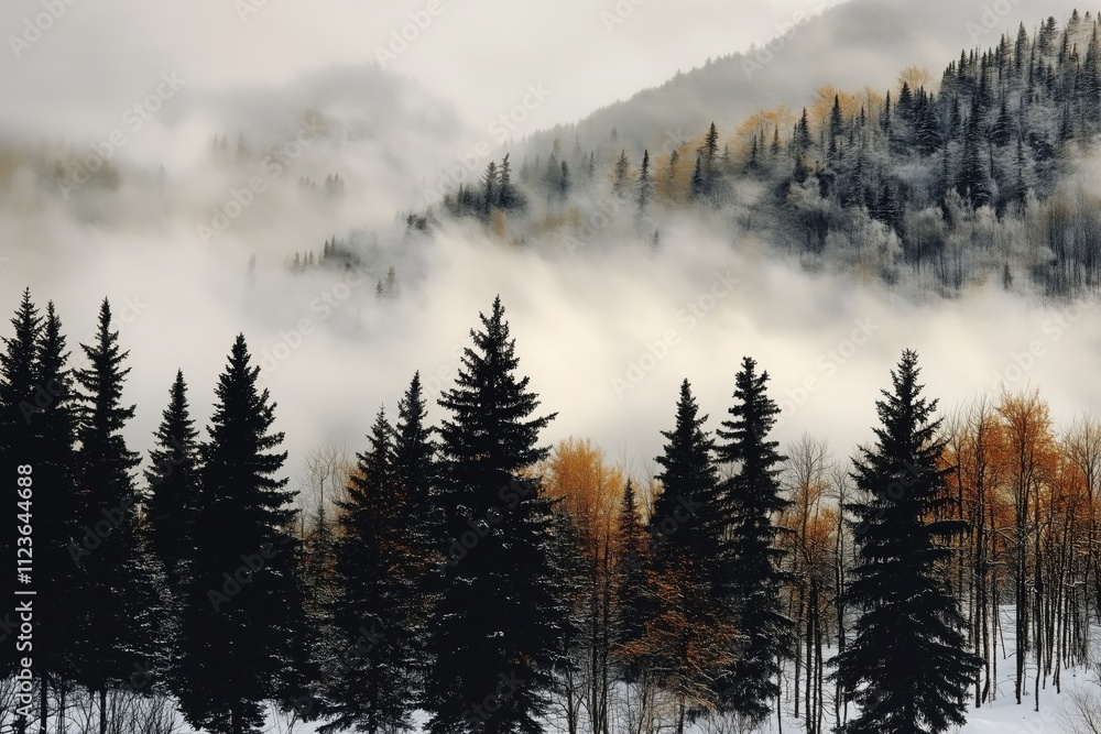 Obraz premium Misty Mountain Landscape with Evergreen Trees and Autumn Foliage