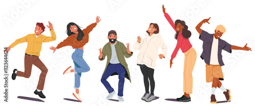 Happy trendy fashion guys and girls cartoon characters standing in row isolated on white background