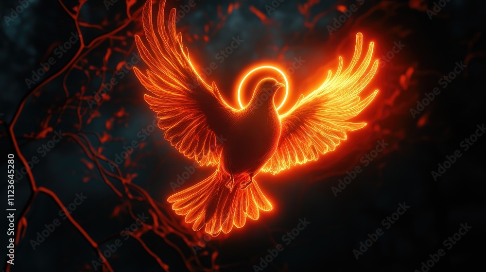 Fiery dove in flight, glowing halo, dark branches. Fiery dove in flight, glowing halo, dark branches.