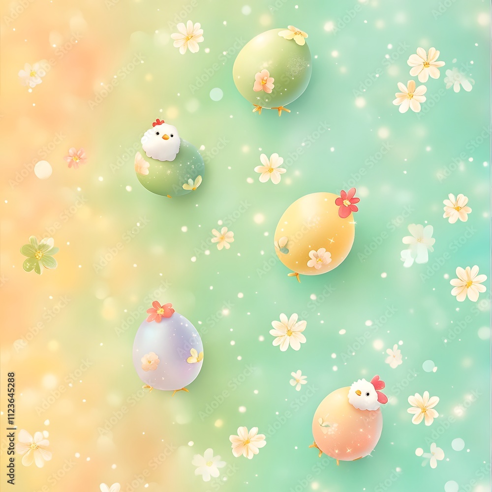 Easter pattern with colorful pastel eggs, chicken and white spring flowers on light green and yellow background.