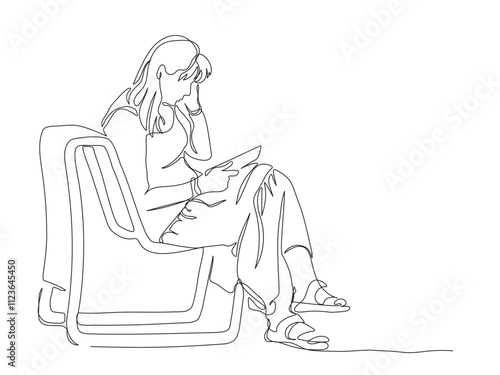 Woman using tablet and sitting on park bench. Wear dress. Continuous line drawing. Black and white vector illustration in line art style.