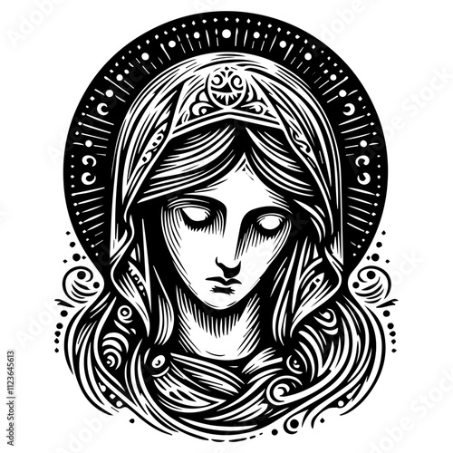 artistic depiction of the virgin mary in vintage-inspired linocut design