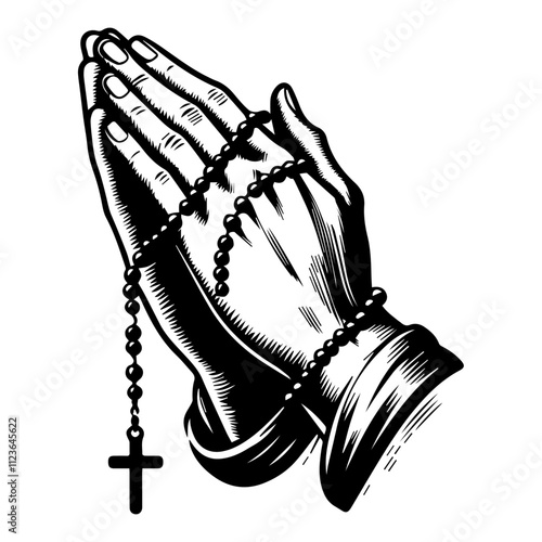 black and white religious artwork with praying hands