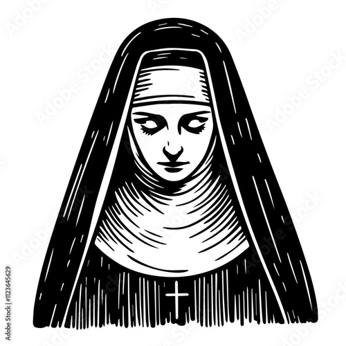 artistic sketch of a praying nun in black and white – black vector