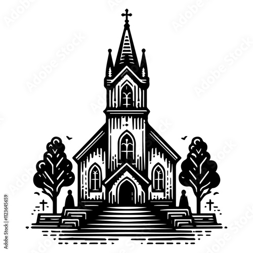 detailed black and white sketch of a church with stairs and crosses – black vector