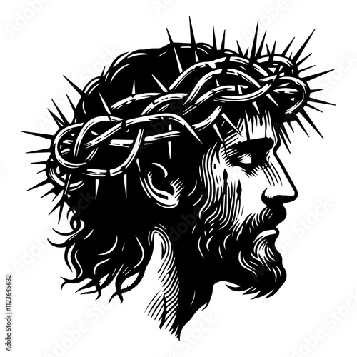 black and white profile of Jesus Christ with thorn crown photo