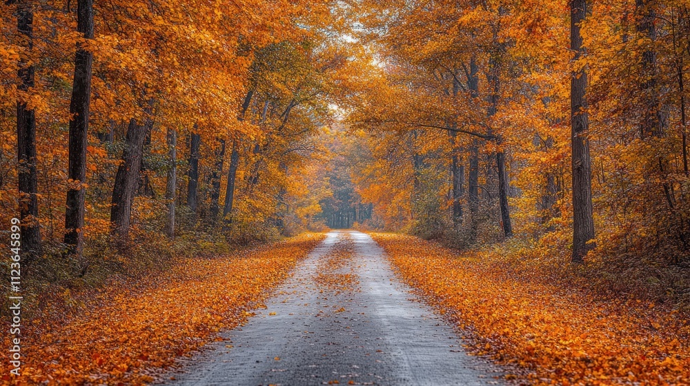 Fototapeta premium Serene autumn road lined with vibrant orange foliage.