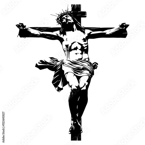 detailed hand-drawn sketch of jesus on the cross, monochrome art