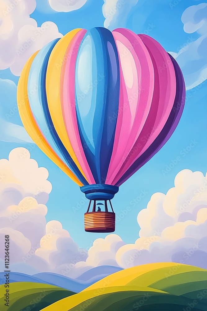 Fototapeta premium Colorful hot air balloon soaring above whimsical hills in a bright blue sky with fluffy clouds
