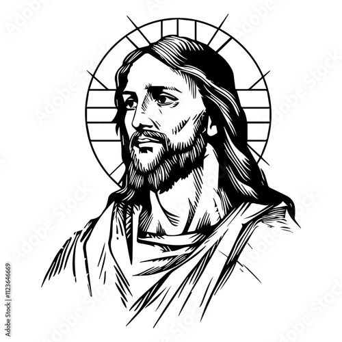 black and white illustration of jesus christ with spiritual details