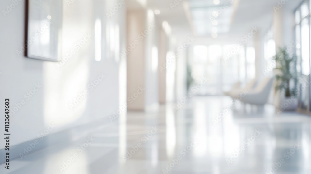 © Iaroslav - Blurred minimalist white waiting room with modern reception desk, armchairs and plants, ideal for healthcare, hospitality or corporate backgrounds