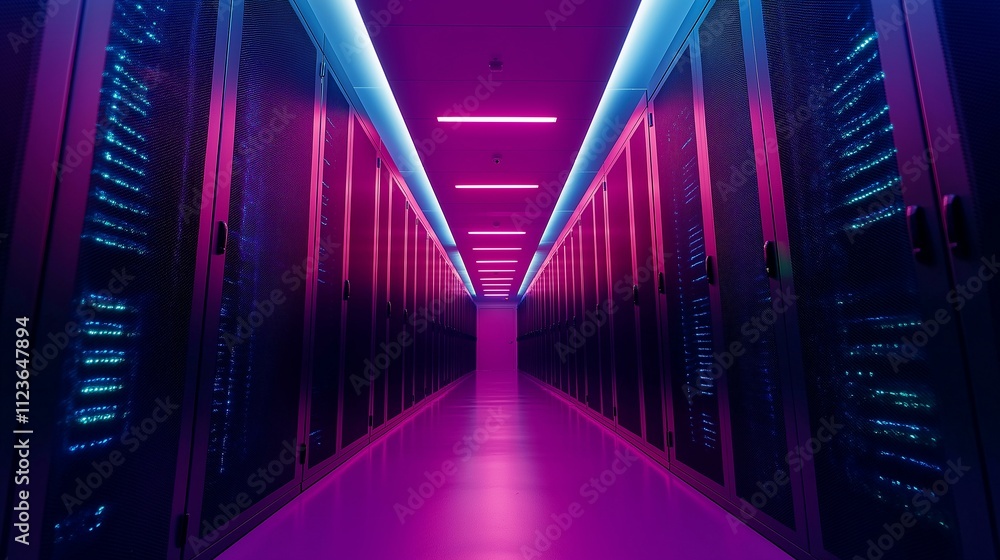 Fototapeta premium Futuristic corridor in a vibrant data center with glowing servers and colorful neon lights.