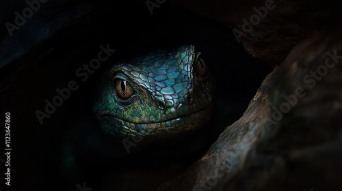 A mysterious reptilian emerging from the shadows of a cave, its scales glinting in the dim light and its eyes fixed on the viewer photo