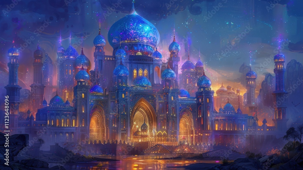 Obraz premium Majestic palace in a fantasy landscape with iridescent night domes