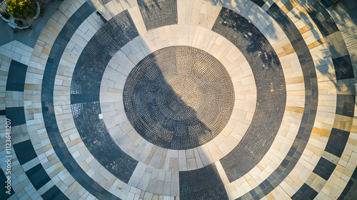 An aerial view of a city plaza with concentric circular patterns embedded in the paving.