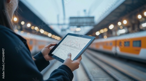 Person using a tablet with graphs at a modern train station, showcasing real-time data analysis on the move.