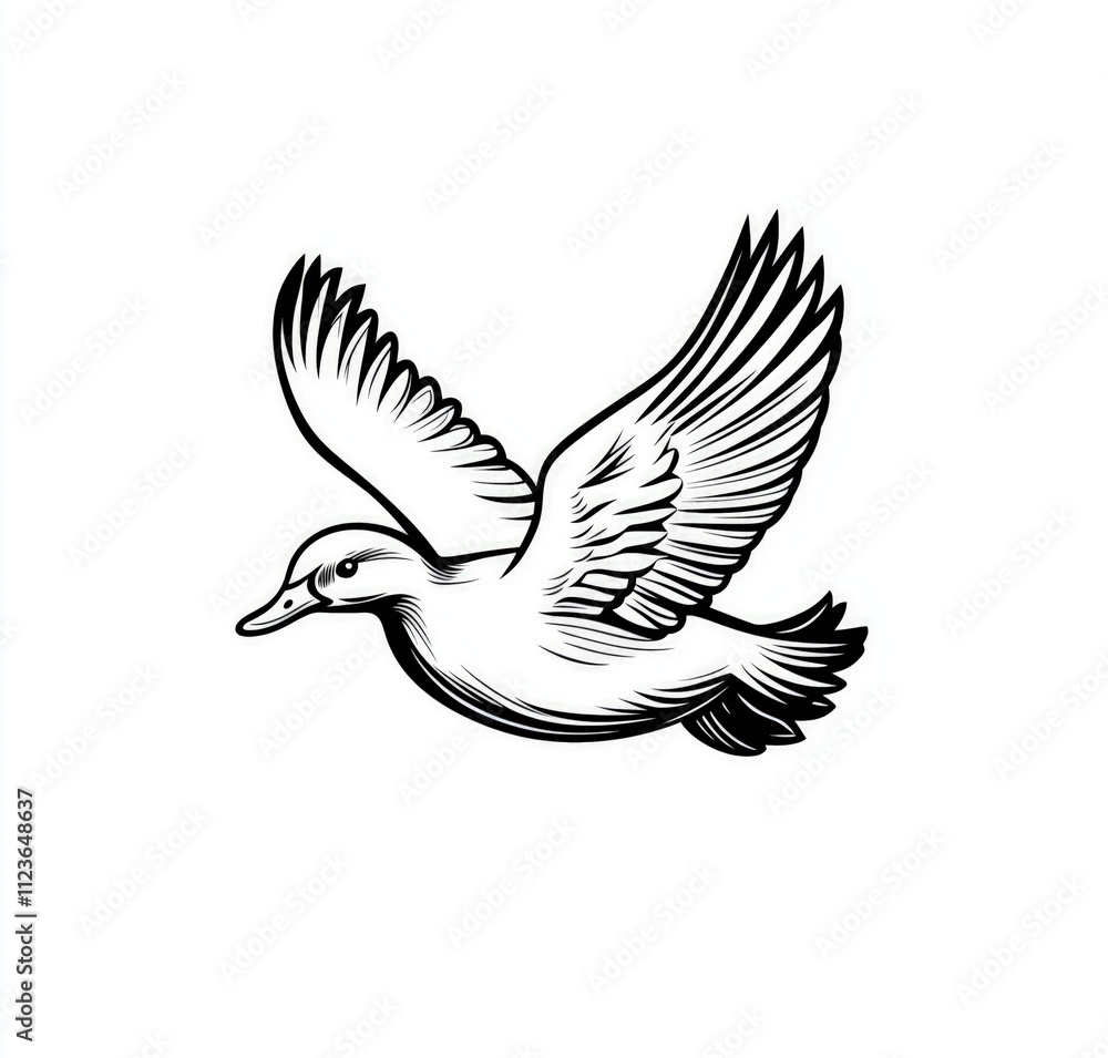 Obraz premium Black and white illustration of a duck in flight. (1)