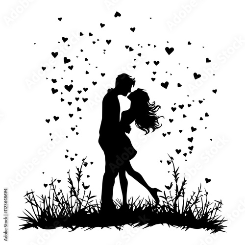 romantic silhouette of a couple with hearts – black vector photo