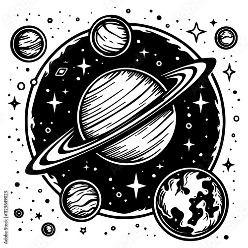 artistic sketch of space with planets and cosmic details – black vector