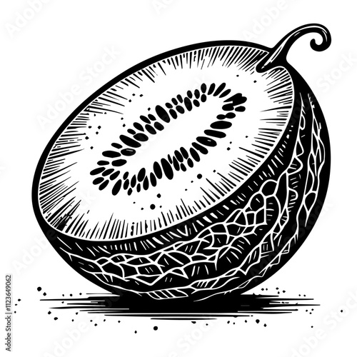 artistic depiction of a watermelon with seeds and decorative leaves – black vector