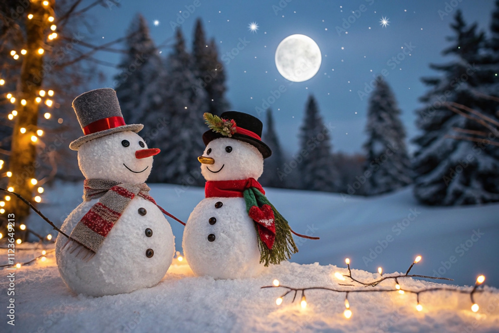 Fototapeta premium Two snowmen in love under a full moon on a snowy winter night.