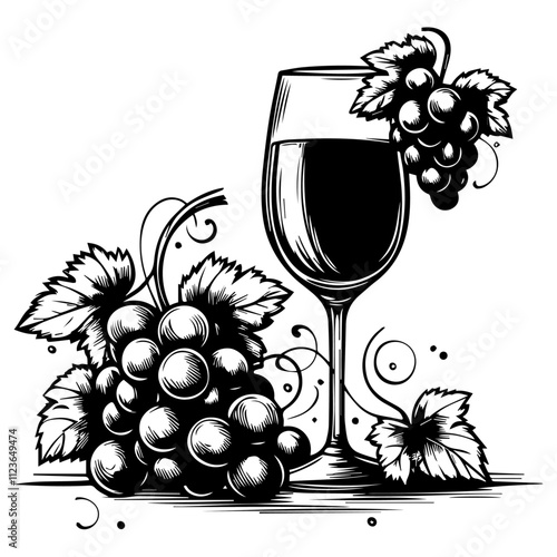 hand-drawn wine glass and jug with fresh grapes in engraving style – black vector