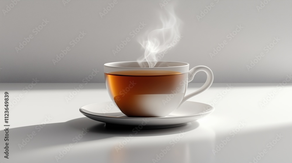 Obraz premium Isolated on white, a porcelain cup filled with steaming black tea, delicate handle, saucer beneath and subtle reflections