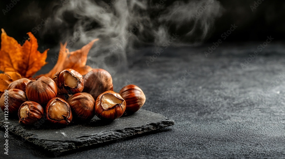Obraz premium Close up of cracked chestnuts with steam rising, isolated on a dark slate background with subtle fall elements