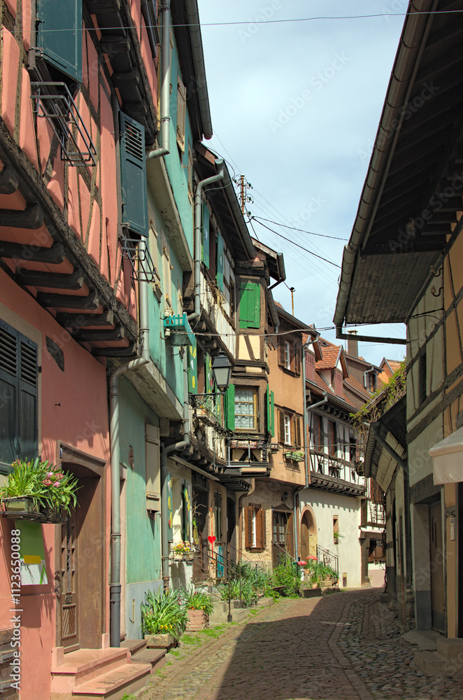 Obraz premium Charming cityscape view of narrow medieval cobblestone street between colorful stone houses in Eguisheim. Traditional architecture in Alsace in northeastern France. Travel and tourism concept