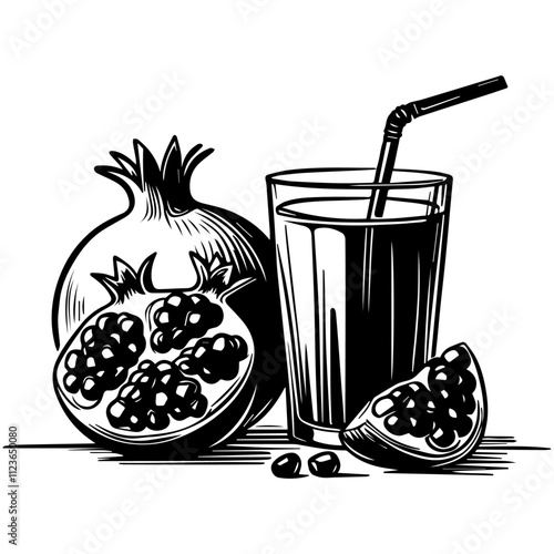 intricate engraving of tropical fruit juice with fresh fruit slices and vibrant leaves – black vector