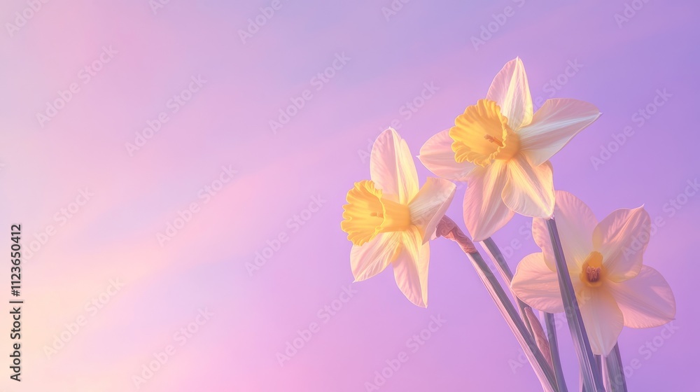 Obraz premium Daffodils bloom in pastel hues during a serene spring morning in a tranquil garden landscape