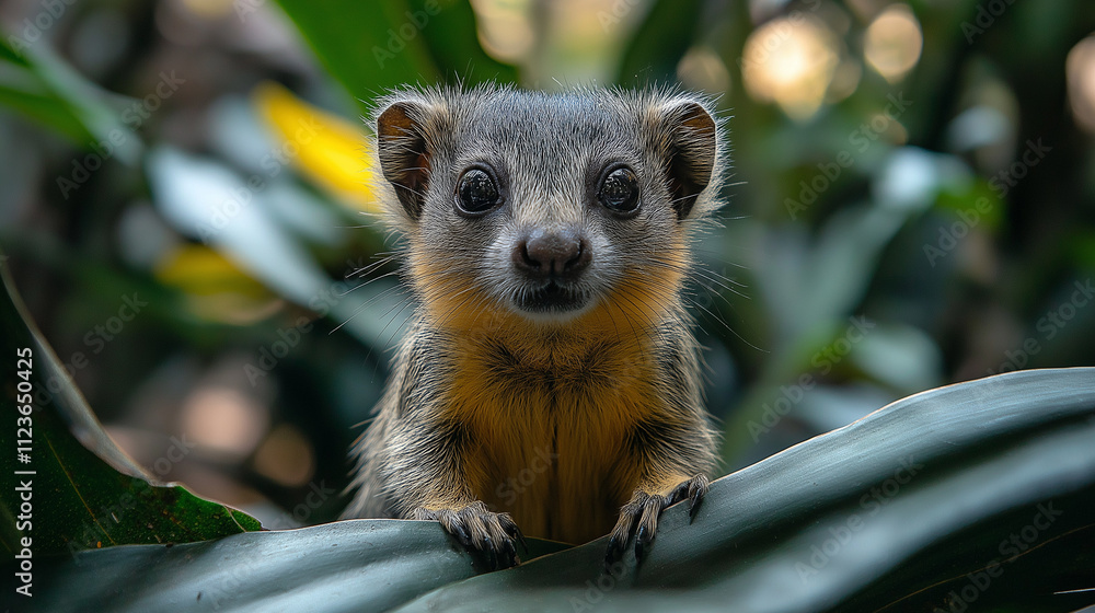 Obraz premium Curious Critter: A close-up portrait of a small, adorable mongoose with inquisitive eyes, peering out from lush green foliage, capturing its natural charm and playful curiosity.