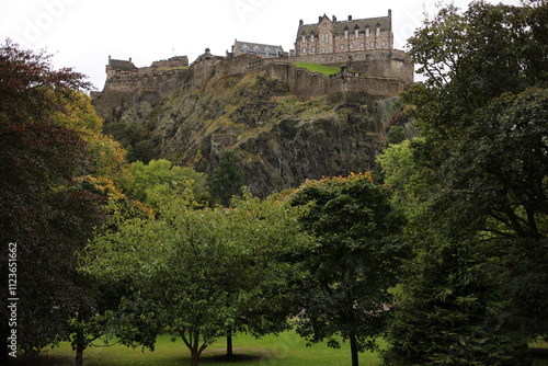 Edinburgh Castle and trees in the Prince's street garden - Edinburgh - Lothian - Scotland - UK photo