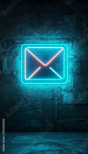 Captivating photograph of a glowing neon email icon illuminating a dark room at night