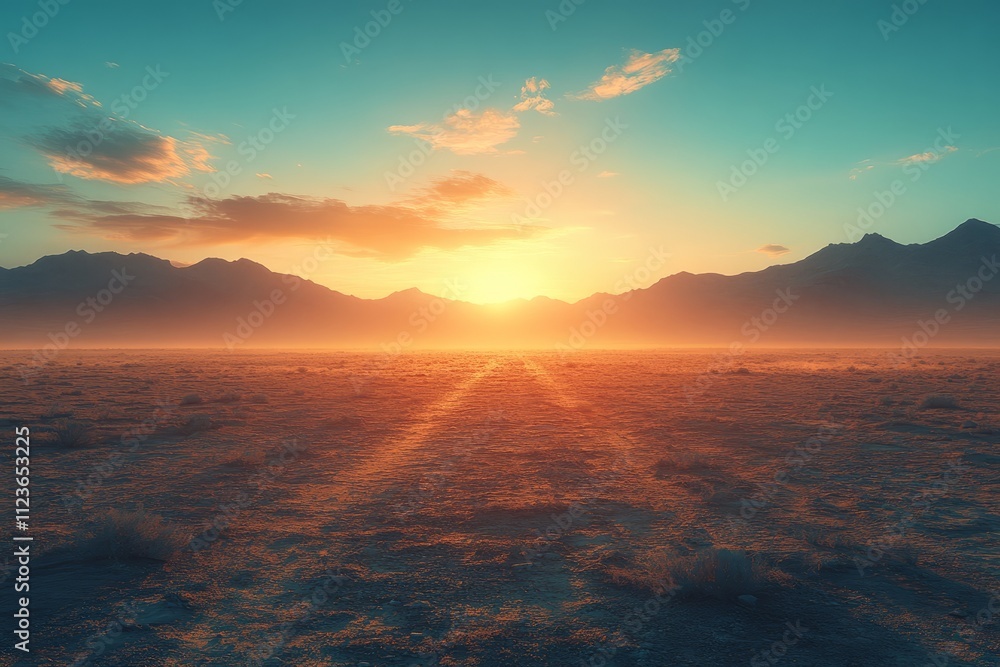 Obraz premium Sunrise over a vast desert landscape with distant mountains