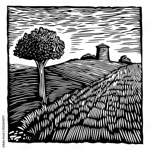 rolling hills with tree and tower illustration