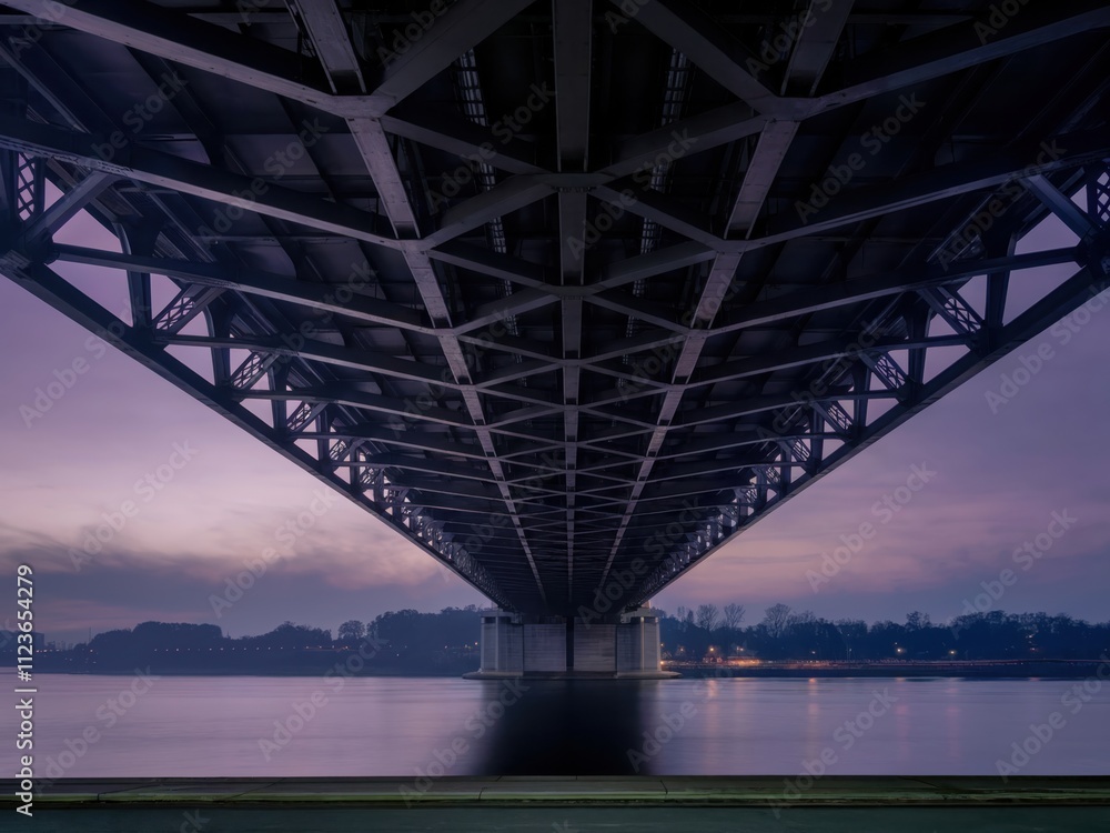 Obraz premium Symmetrical view of the underside of a massive steel bridge at twilight, featuring intricate crisscross beams, a reflective water surface, soft purple hues, and faint city lights in the background 