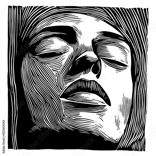 human face engravings in woodcut style – black vector