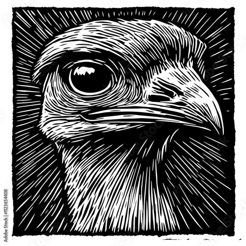 artistic depiction of an ostrich in bold linocut-inspired artwork