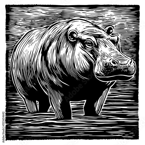 detailed woodcut illustration of a hippopotamus in black and white