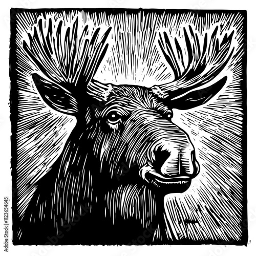 black and white illustration of a moose with majestic antlers