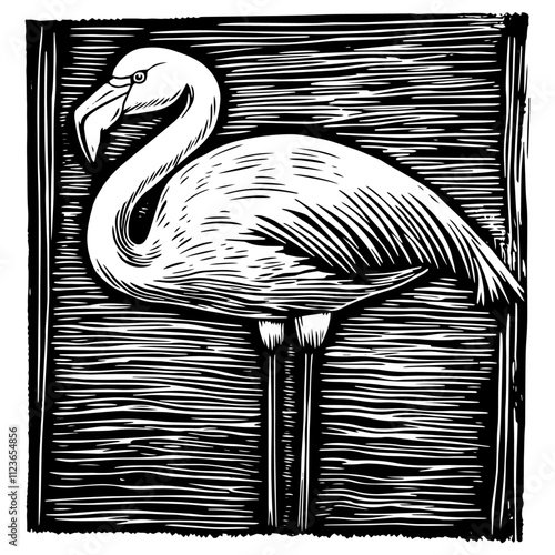 black and white flamingo vector in vintage engraving style with bold line textures