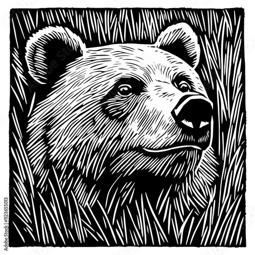 close-up bear portrait in etching style