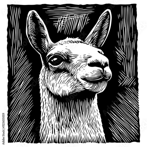 woodcut-style portrait of a llama head with fine line details and bold contrast