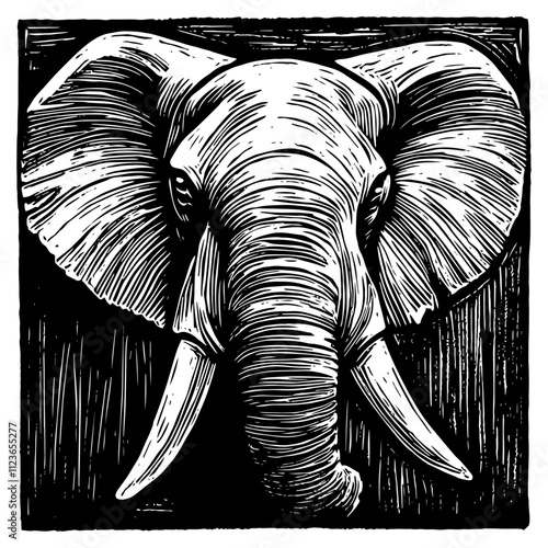 expressive elephant head artwork in monochrome linocut technique photo