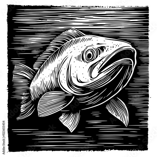 realistic fish illustration with detailed linework – black vector