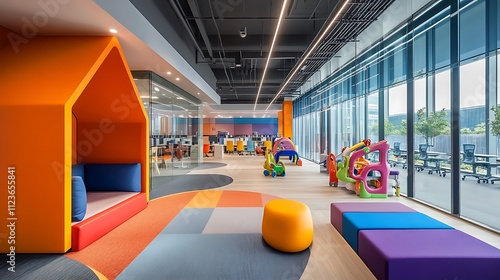 A modern office interior promoting work-life integration, with spaces dedicated to on-site childcare, fitness areas, and zones for flexible 